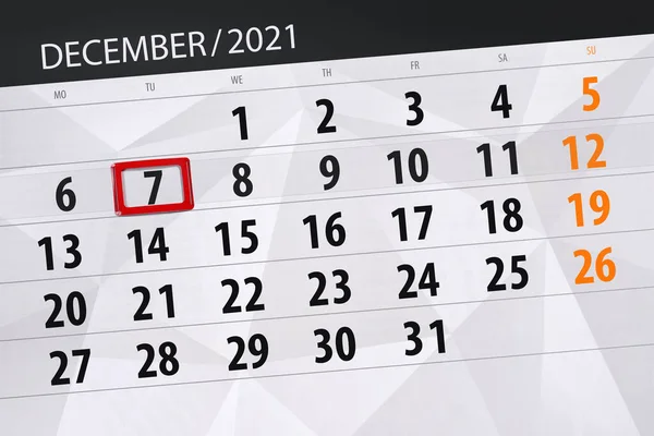 Calendario Mese Dicembre 2021 Giorno Scadenza Martedì — Foto Stock