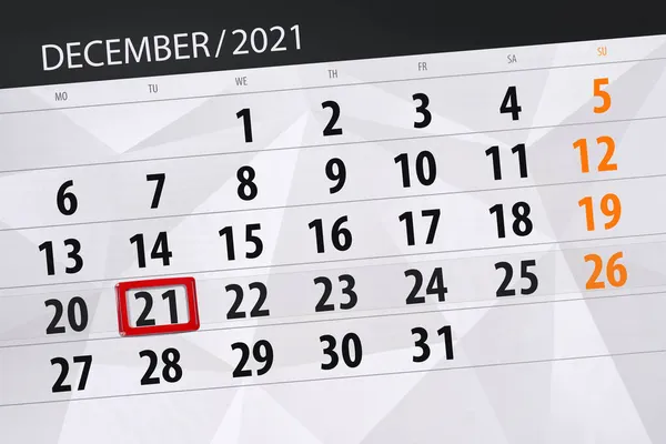 Planificator Calendar Pentru Luna Decembrie 2021 Data Limită Marți — Fotografie, imagine de stoc