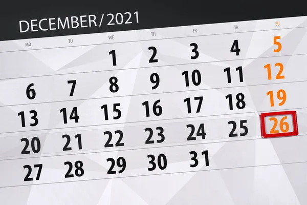 Planificador Calendario Para Mes Diciembre 2021 Fecha Límite Domingo —  Fotos de Stock