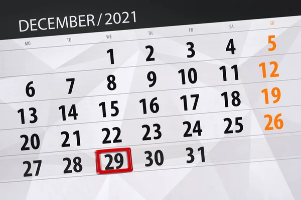 Планувальник Календаря Місяць Грудень 2021 Року День Завершення Середа — стокове фото
