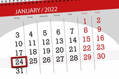 Ayın takvim planlayıcısı Ocak 2022, son gün, 24, Pazartesi.