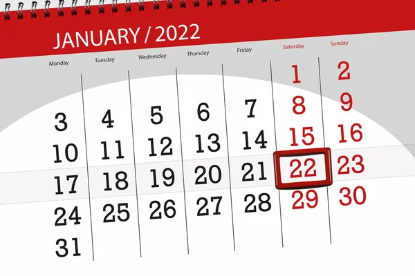 2022年1月1日 截止日期22日 星期六的日历计划 — 图库照片