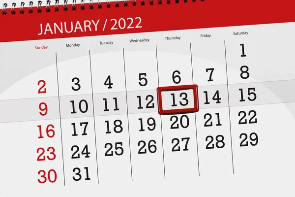2022年1月1日的日历计划 截止日期 13日 星期四 — 图库照片