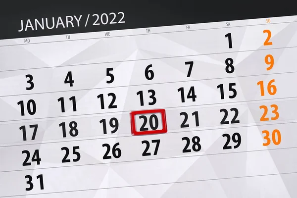 Planificator Calendar Pentru Luna Ianuarie 2022 Data Limită Joi — Fotografie, imagine de stoc