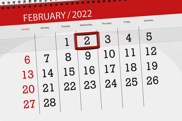 Planificador Calendario Para Mes Febrero 2022 Fecha Límite Miércoles — Foto de Stock