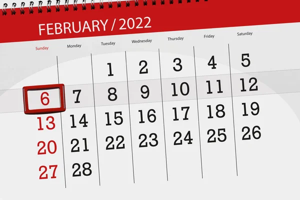 Calendar Planner Month February 2022 Deadline Day Sunday — Zdjęcie stockowe