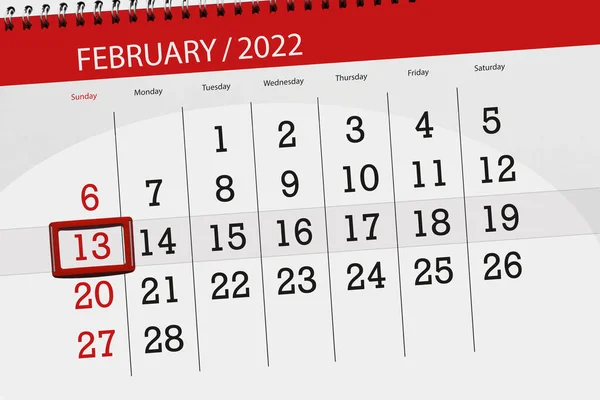 Calendar Planner Month February 2022 Deadline Day Sunday — Zdjęcie stockowe