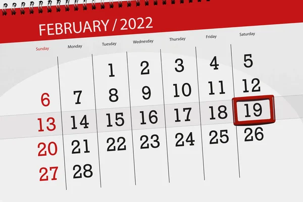 カレンダープランナー2022年2月 締め切り 19日 土曜日 — ストック写真