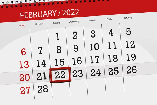 Calendar Planner Month February 2022 Deadline Day Tuesday — Zdjęcie stockowe
