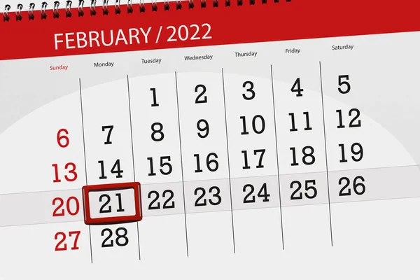 Planificador Calendario Para Mes Febrero 2022 Fecha Límite Lunes — Foto de Stock