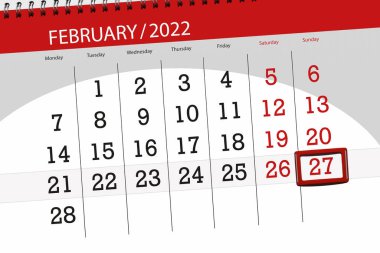 Calendar planner for the month february 2022, deadline day, 27, sunday.
