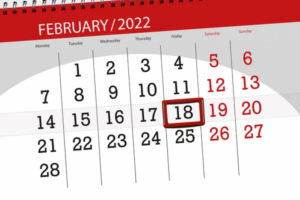Calendar Planner Month February 2022 Deadline Day Friday — Zdjęcie stockowe