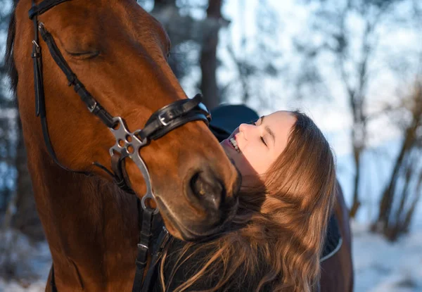 Portrait Young Girl Horse Winter — Foto Stock