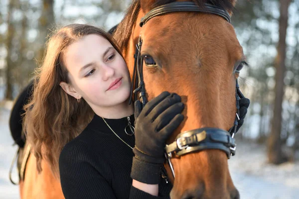 Portrait Young Girl Horse Winter — Foto Stock