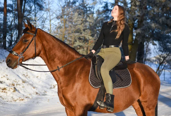 Young Girl Horse Winter Forest Road — Fotografia de Stock