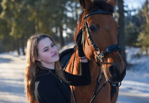 冬の森の道で馬と若い女の子 — ストック写真