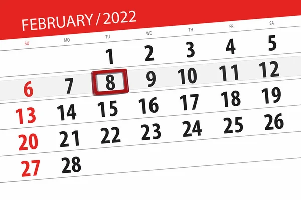 Planificador Calendario Para Mes Febrero 2022 Fecha Límite Martes — Foto de Stock