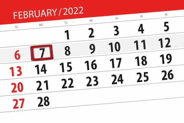Planificador Calendario Para Mes Febrero 2022 Fecha Límite Lunes — Foto de Stock