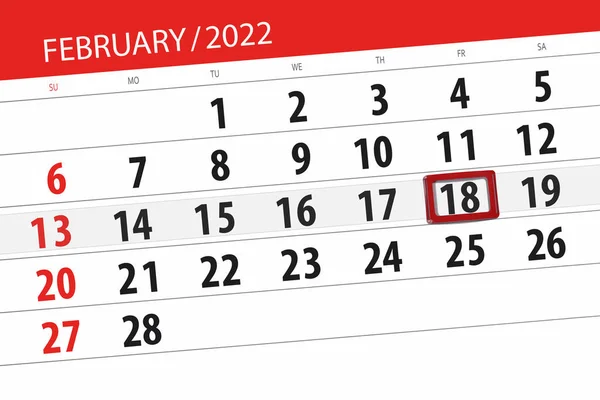 Planificador Calendario Para Mes Febrero 2022 Fecha Límite Viernes — Foto de Stock