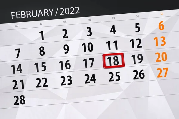 Calendar Planner Month February 2022 Deadline Day Friday — Fotografia de Stock
