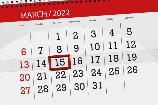 2022年3月份日历计划 截止日期 15日 星期二 — 图库照片
