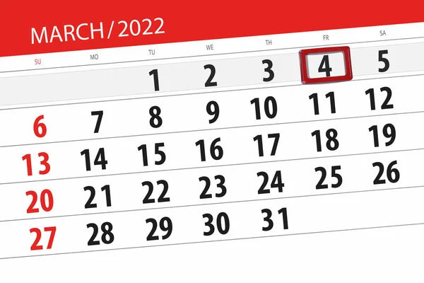 Kalenderplanner Voor Maand Maart 2022 Deadline Dag Vrijdag — Stockfoto