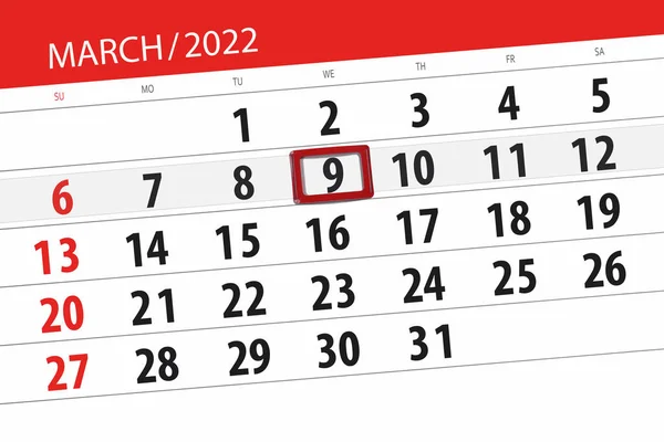 Planificador Calendario Para Mes Marzo 2022 Fecha Límite Miércoles — Foto de Stock