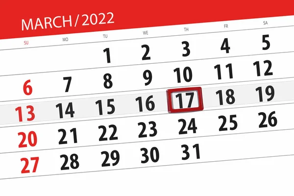 Planificador Calendario Para Mes Marzo 2022 Fecha Límite Jueves — Foto de Stock