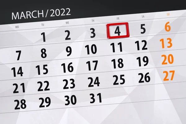 Kalenderplanner Voor Maand Maart 2022 Deadline Dag Vrijdag — Stockfoto