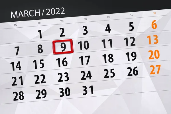 Kalendář Plánovač Měsíc Březen 2022 Termín Den Středa — Stock fotografie