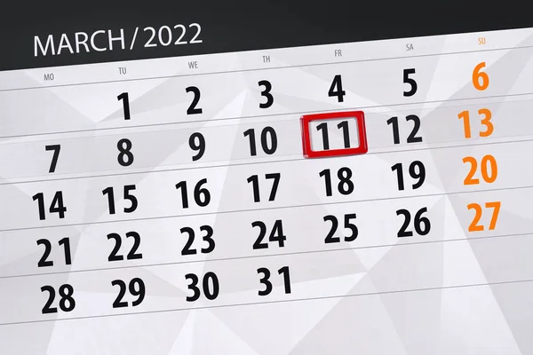 Planificador Calendario Para Mes Marzo 2022 Fecha Límite Viernes —  Fotos de Stock