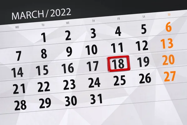 Planificador Calendario Para Mes Marzo 2022 Fecha Límite Viernes — Foto de Stock