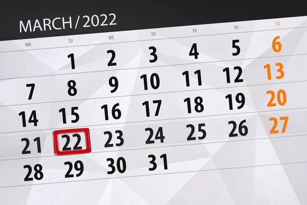Kalendář Plánovač Pro Měsíc Březen 2022 Termín Den Úterý — Stock fotografie