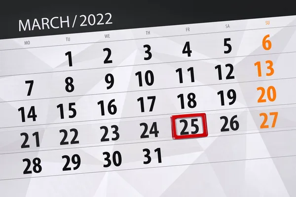 Kalendář Plánovač Měsíc Březen 2022 Termín Den Pátek — Stock fotografie