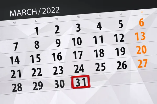 Kalendář Plánovač Měsíc Březen 2022 Termín Den Čtvrtek — Stock fotografie