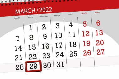 Ayın takvim planlayıcısı Mart 2022, son gün, 29, Salı.