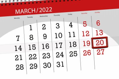 Ayın takvim planlayıcısı Mart 2022, son gün, 20, Pazar.
