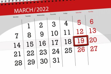 Ayın takvim planlayıcısı Mart 2022, son gün, 19, Cumartesi..