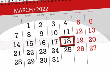 Ayın takvim planlayıcısı Mart 2022, son gün, 18, Cuma.