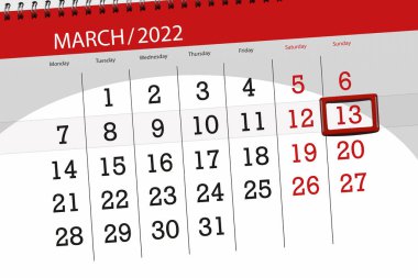 Ayın takvim planlayıcısı Mart 2022, son gün, 13, Pazar.
