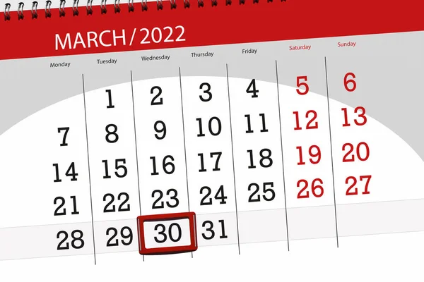 2022年3月份日历计划 截止日期 30日 星期三 — 图库照片