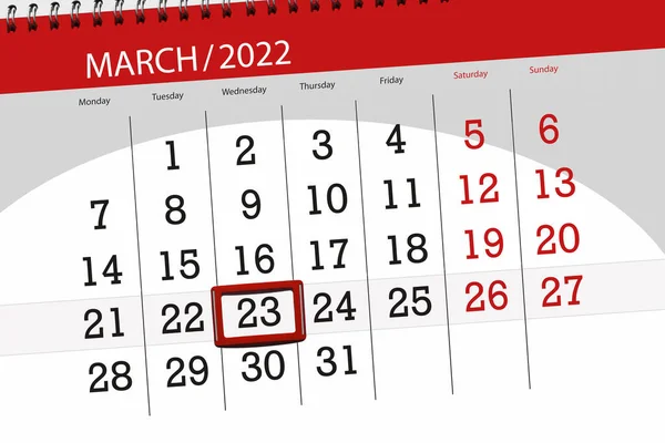 2022年3月的日历计划 截止日期 23日 星期三 — 图库照片