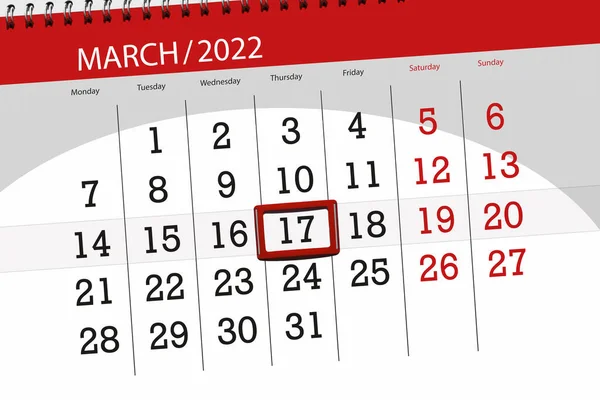 2022年3月份日历计划 截止日期 17日 星期四 — 图库照片