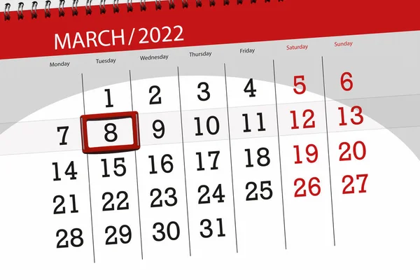 2022年3月份日历计划 截止日期 8月8日 星期二 — 图库照片