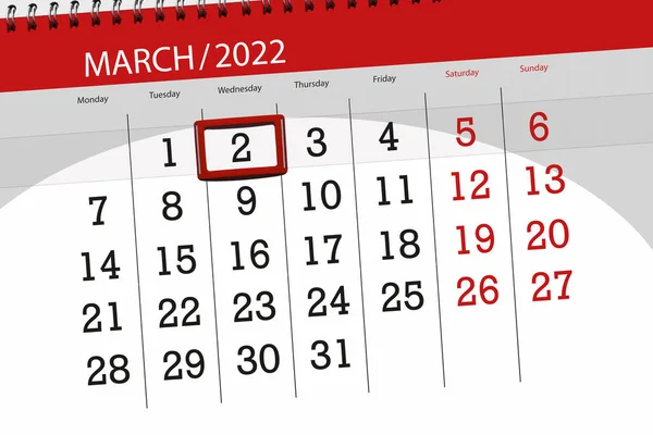 Ayın takvim planlayıcısı Mart 2022, son gün, Çarşamba, 2.
