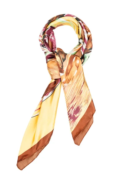Шелковый шейный платок коричневый с цветной картиной, изолированной на белом фоне — стоковое фото