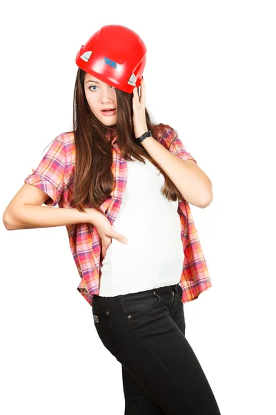 The portrait of the surprised girl in a building helmet — Stock Photo, Image