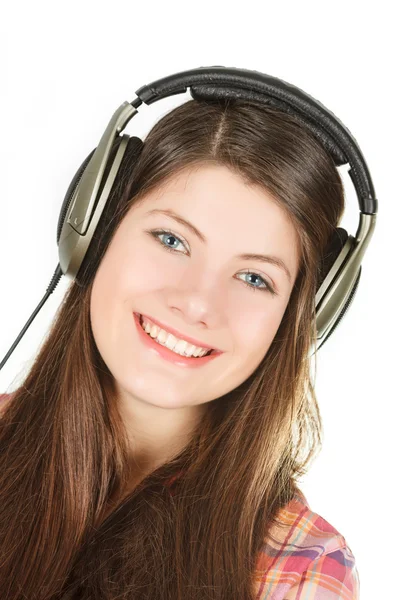 A portrait of happy smiling girl is in headsets Stock Image