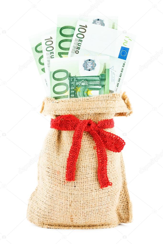 The euros in a linen sack, bandaged by a gift red ribbon