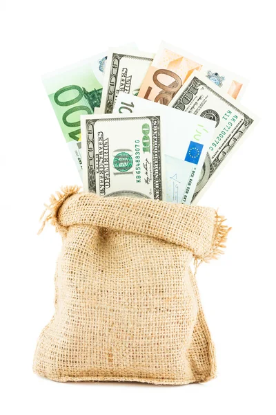 Money dollars and euros in the linen bag — Stock Photo, Image